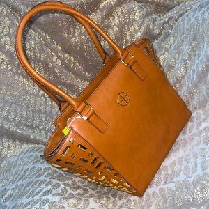 Gianni Bini Faux Leather Gold Jeweled Large Handbag Camel Tan